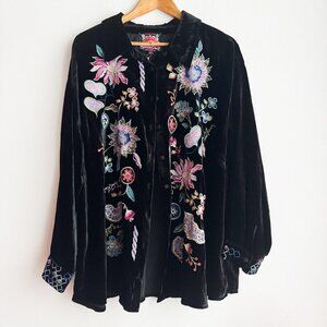 Johnny Was Pacifica Black Velvet Colourful Embroidered Button Down Top 2X